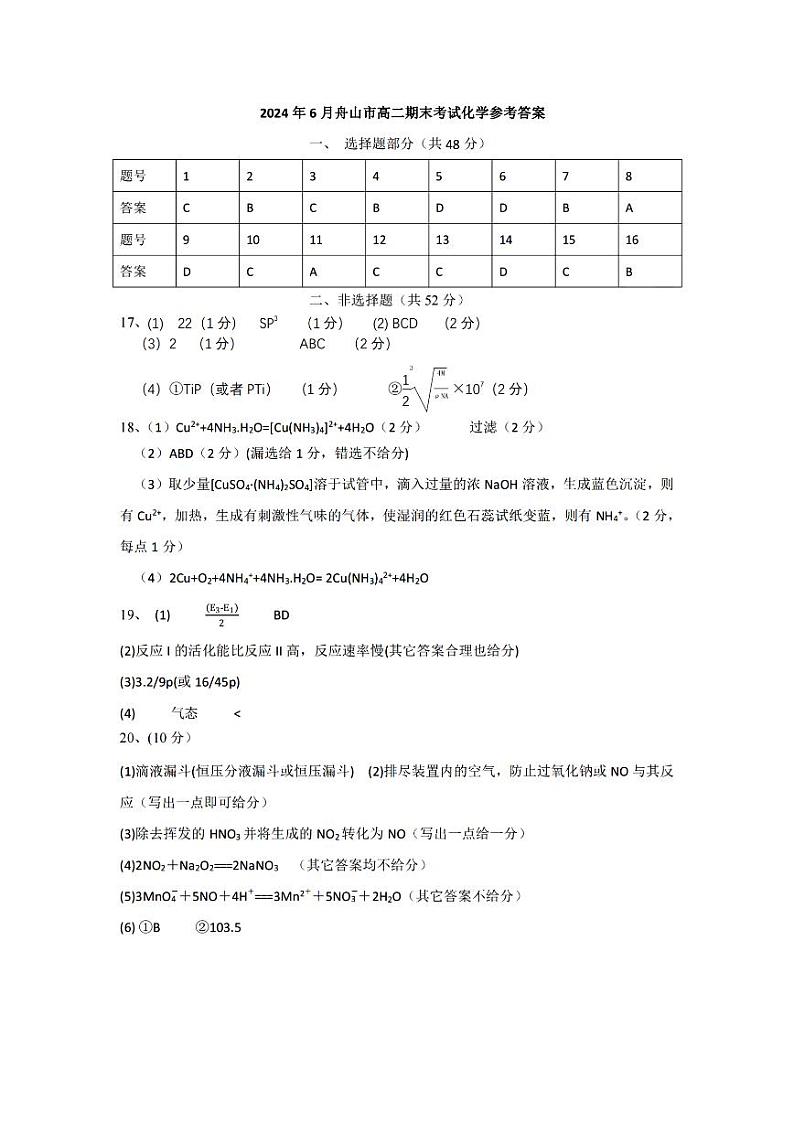 舟山市2023-2024学年高二第二学期期末检测+化学试卷答案第1页