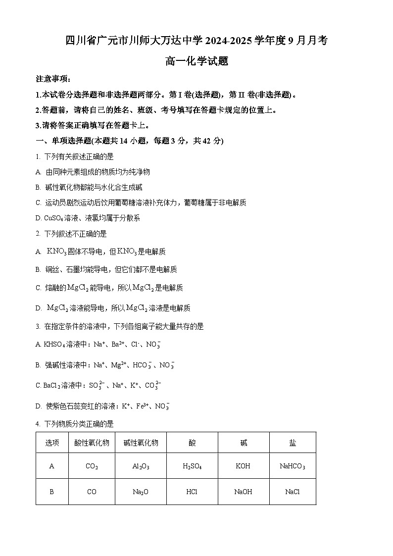 四川省广元市川师大万达中学2024-2025学年高一上学期9月检测化学试卷（原卷版）第1页