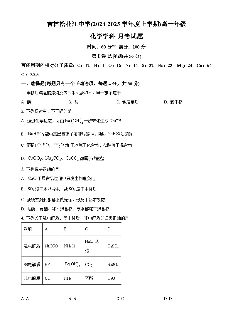 吉林省吉林松花江中学2024-2025学年高一上学期月考化学试题（原卷版）第1页