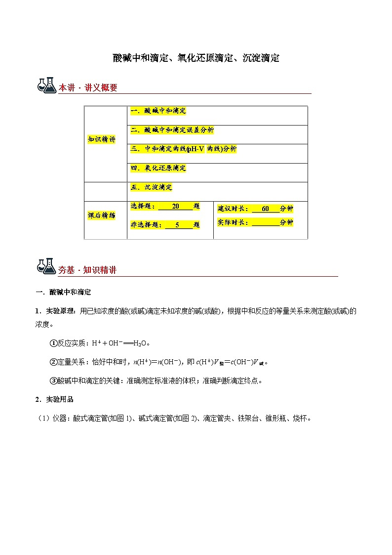 酸碱中和滴定、氧化还原滴定、沉淀滴定（原卷版）第1页