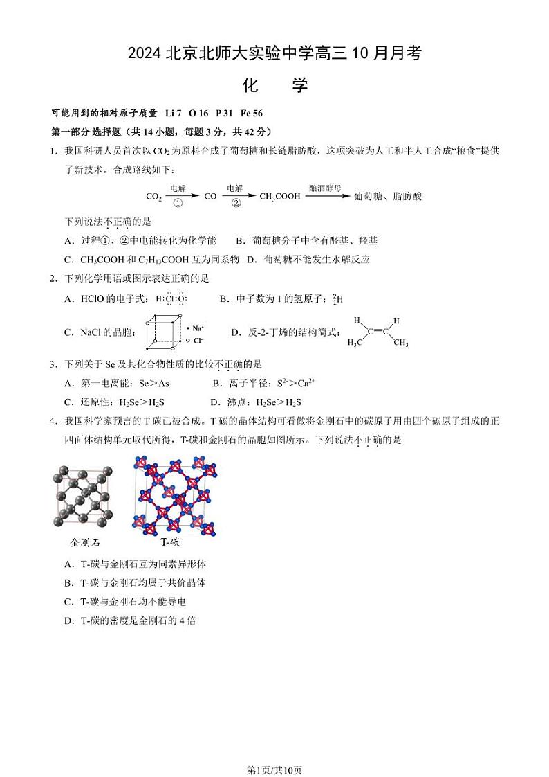 2024北京北师大实验中学高三10月月考化学试题第1页
