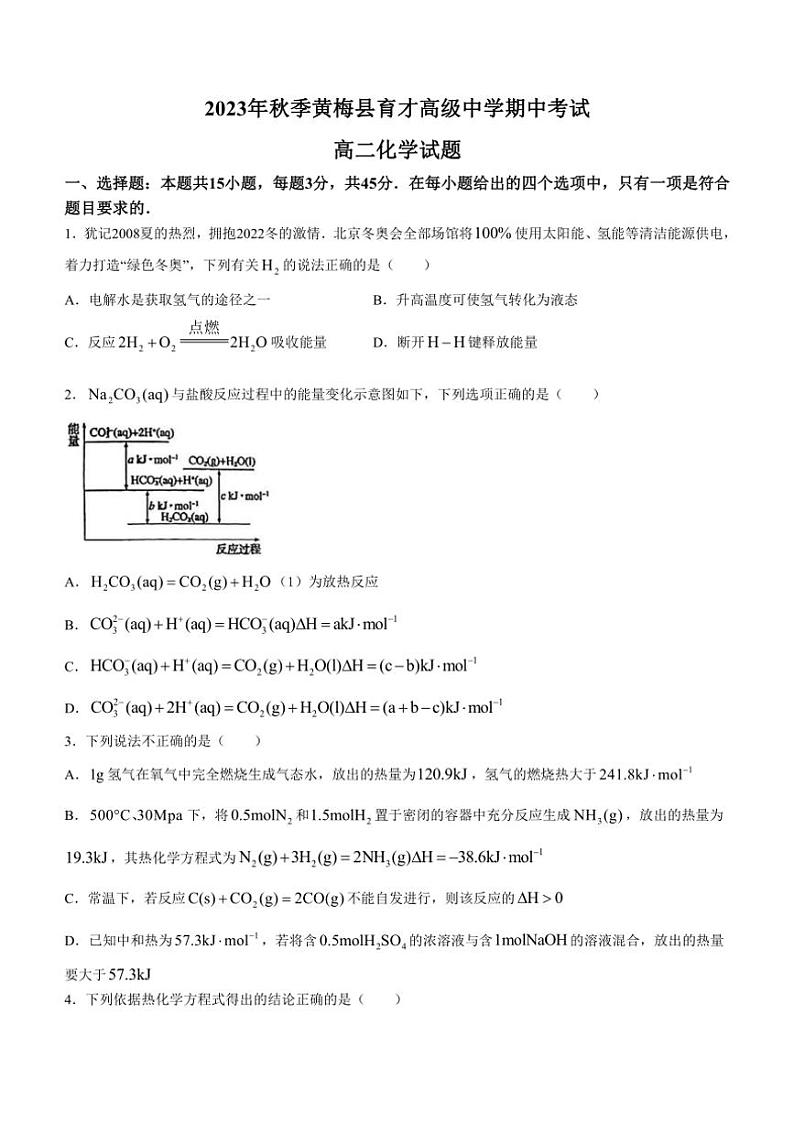 [化学][期中]湖北省黄冈市黄梅国际育才高级中学2023～2024学年高二上学期11月期中考试试题(有答案)第1页