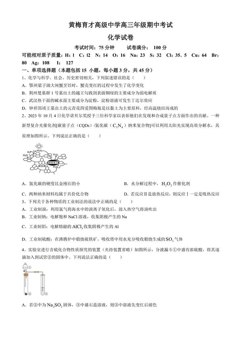 [化学][期中]湖北省黄冈市黄梅国际育才高级中学2023～2024学年高三上学期期中考试试题(有答案)第1页