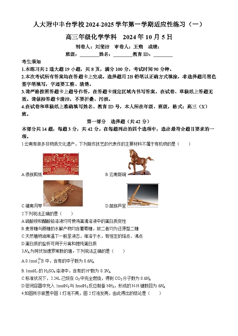 北京市人大附中丰台学校2024-2025学年高三上学期适应性练习（一）化学试题第1页