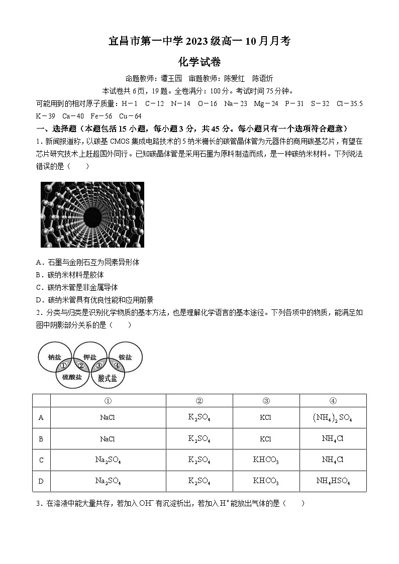 湖北省宜昌市第一中学2024-2025学年高一上学期10月月考 化学试卷(无答案)第1页