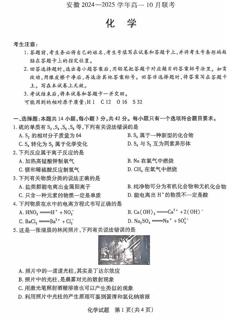 安徽省部分学校2024-2025学年高一上学期10月联考化学试题第1页