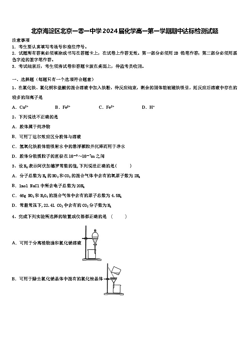 北京一零一中学2024-2025学年高一上学期期中达标检测化学试题第1页