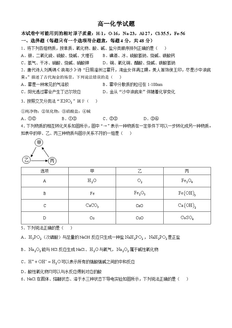 湖南省长沙市雅礼中学2024-2025学年高一上学期10月月考 化学试题(无答案)第1页