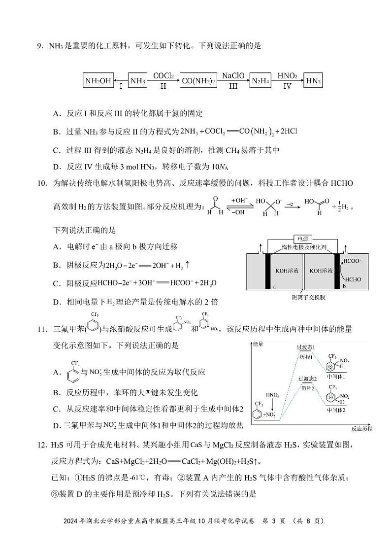 2024年湖北云学部分重点高中联盟高三上学期10月联考 化学试题03