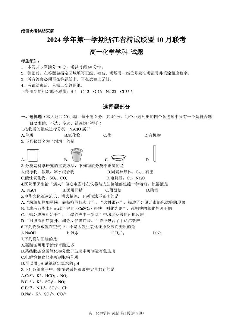浙江省精诚联盟2024-2025学年高一上学期10月联考+化学试卷第1页