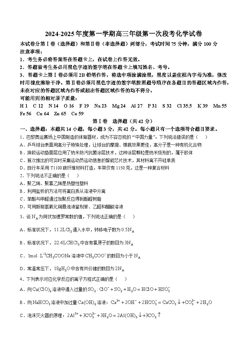 _河北省唐山市丰南区第一中学2024-2025学年高三上学期10月月考化学试题第1页