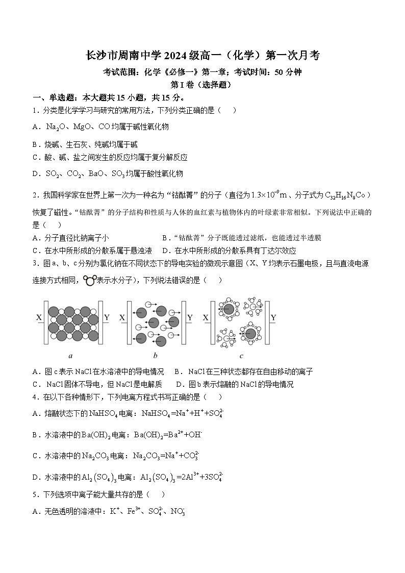 湖南省长沙市周南中学2024-2025学年高一上学期10月月考 化学试题01