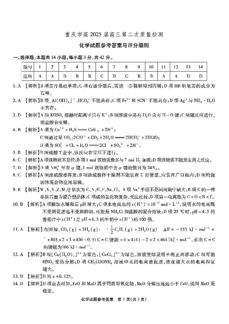 重庆市（南开中学）高2025届高三第二次质量检测 化学答案第1页