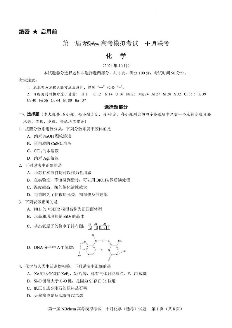 浙江第一届NBchem2024-2025学年高三上学期高考模拟考试化学试题第1页