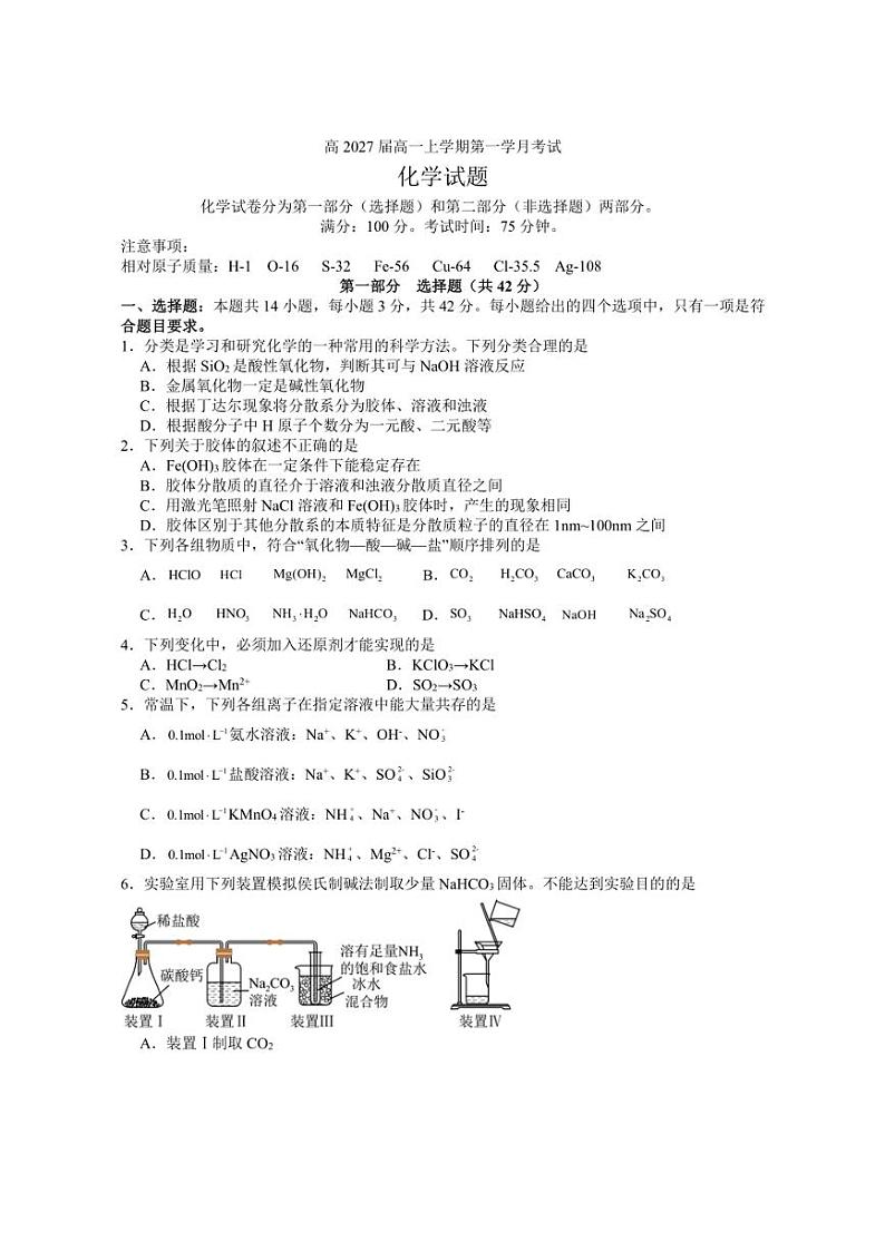 [化学]四川省泸州市泸县第五中学2024～2025学年高一上学期10月月考试题(含答案)第1页