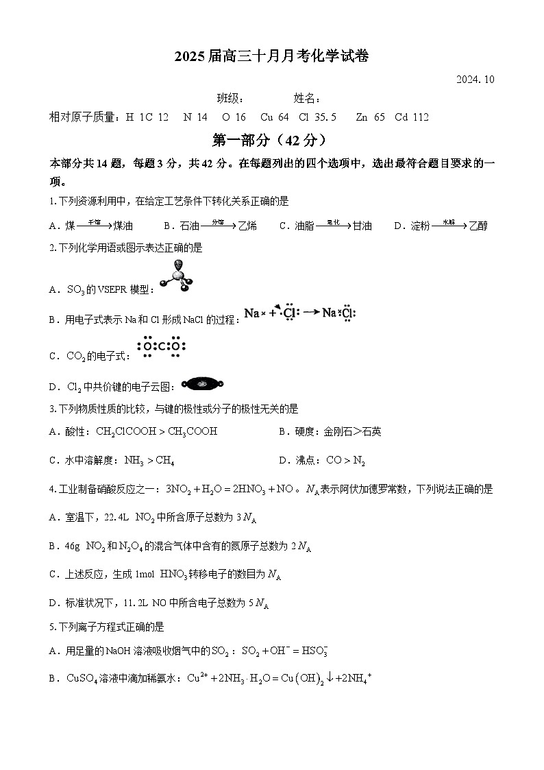北京市第二十中学2024-2025学年高三上学期10月月考 化学试题01