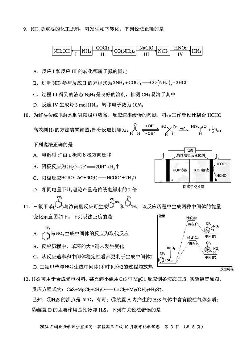 2024年湖北云学部分重点高中联盟高三年级10月联考 化学第3页