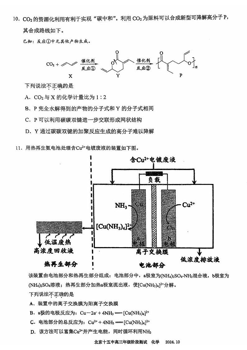 北京市第十五中学2024-2025学年高三上学期10月月考化学试题03