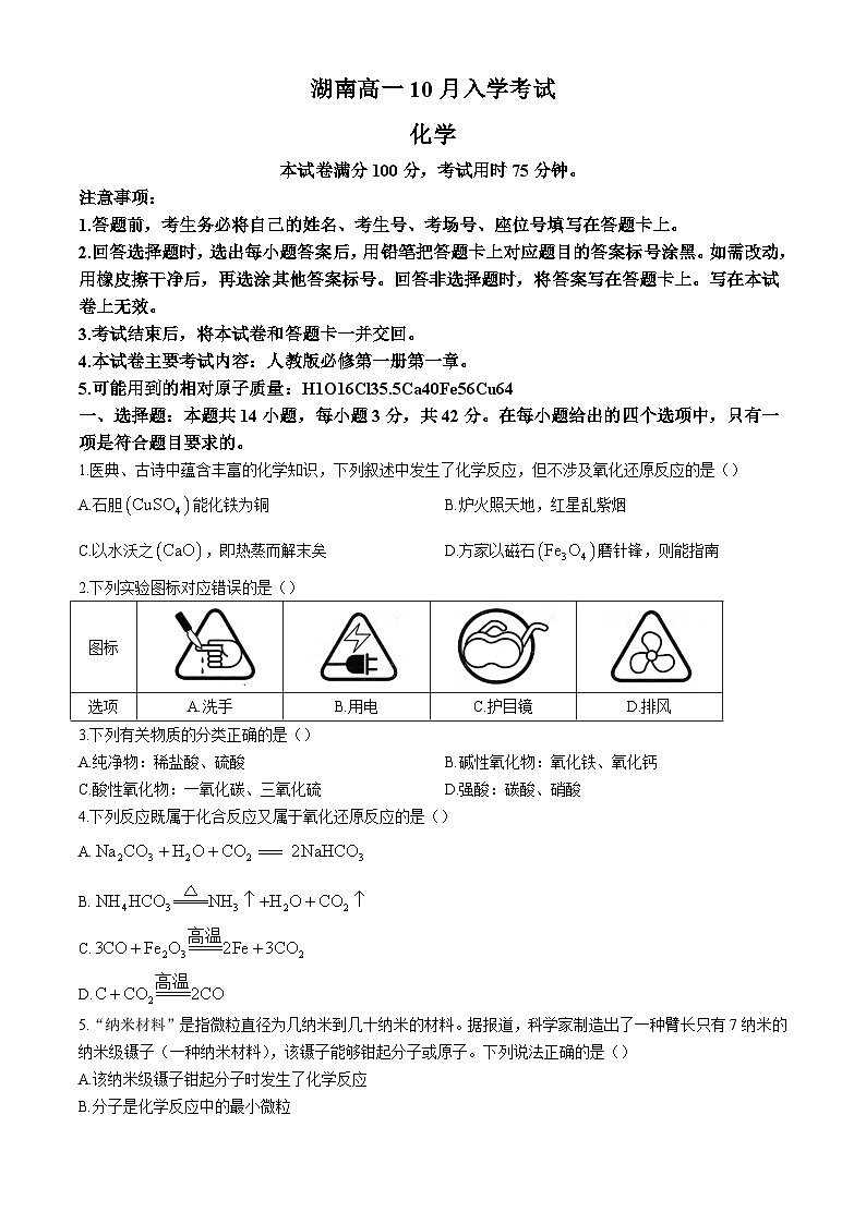 湖南省部分学校2024-2025学年高一上学期10月联考 化学试卷第1页