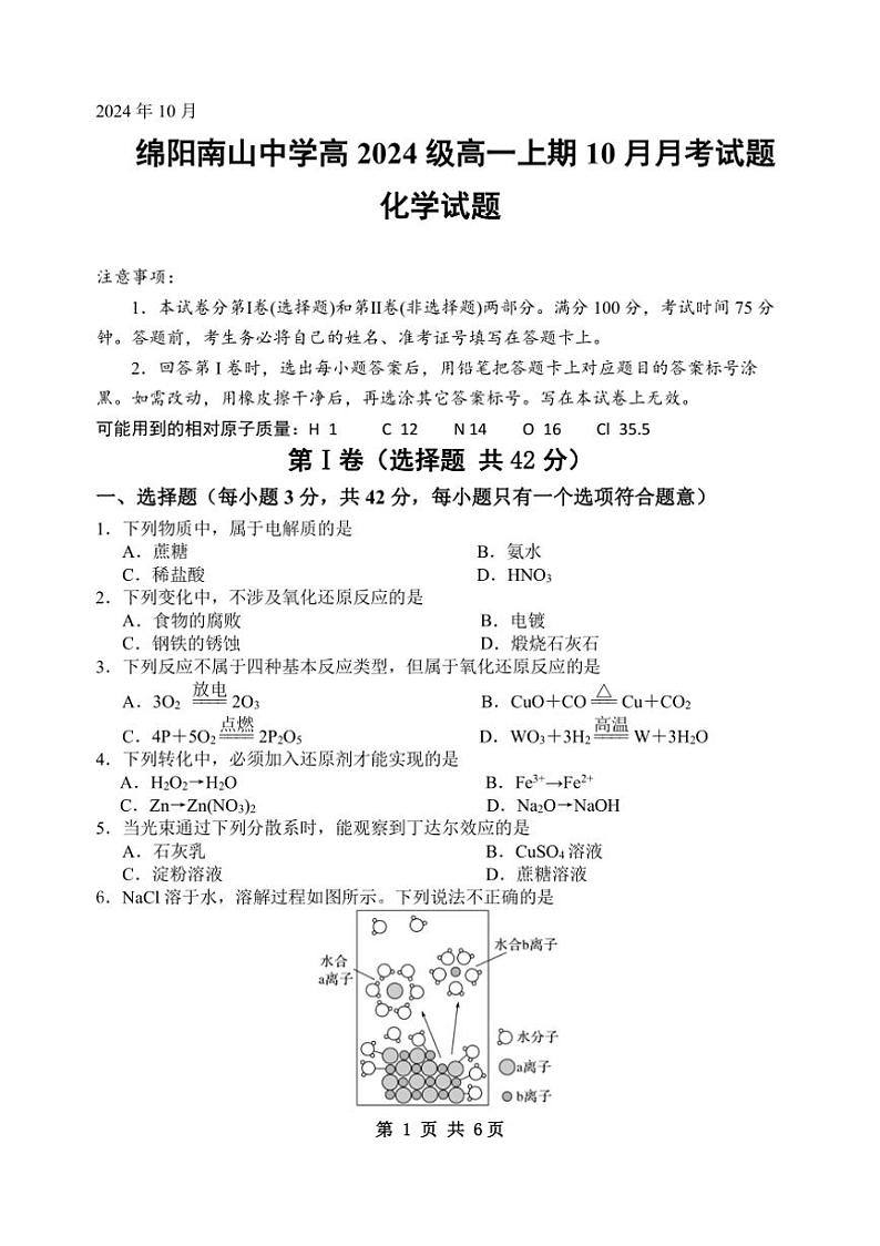 [化学]四川省绵阳市南山中学2024～2025学年高一上学期10月月考试题(有答案)第1页