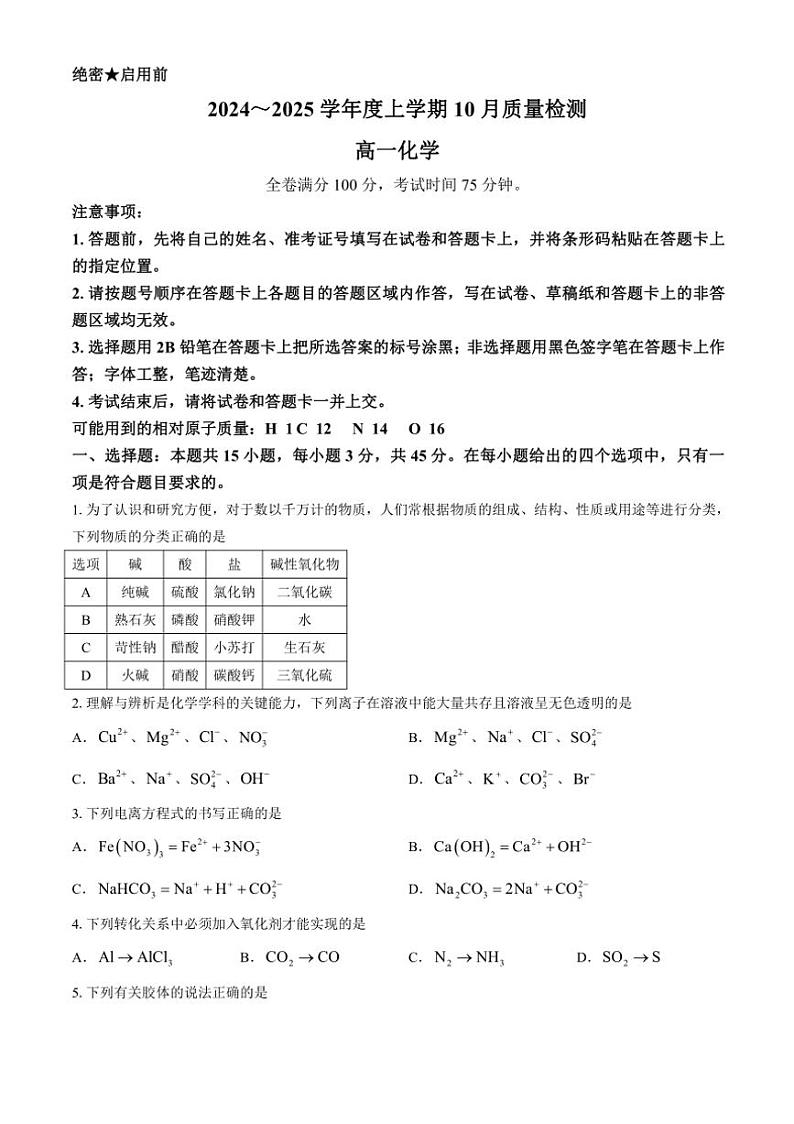 [化学]河南省新乡市第一中学2024～2025学年高一上学期10月质量检测试题(有解析)第1页