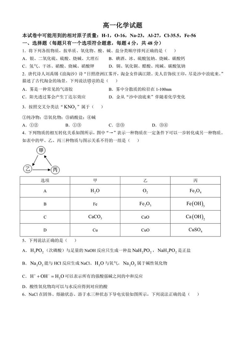 [化学]湖南省长沙市雅礼中学2024～2025学年高一上学期10月月考试题(有答案)第1页