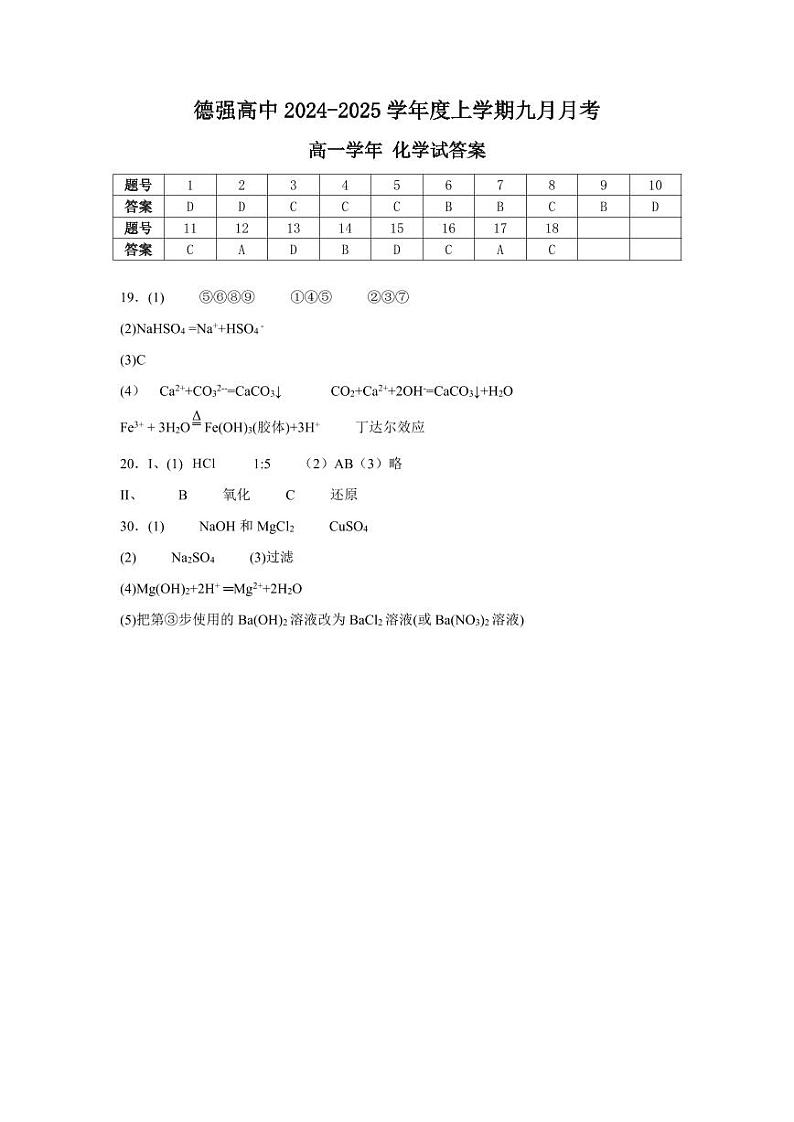 黑龙江省哈尔滨德强高级中学2024-2025学年高一上学期9月月考化学试卷（PDF版，含答案）01
