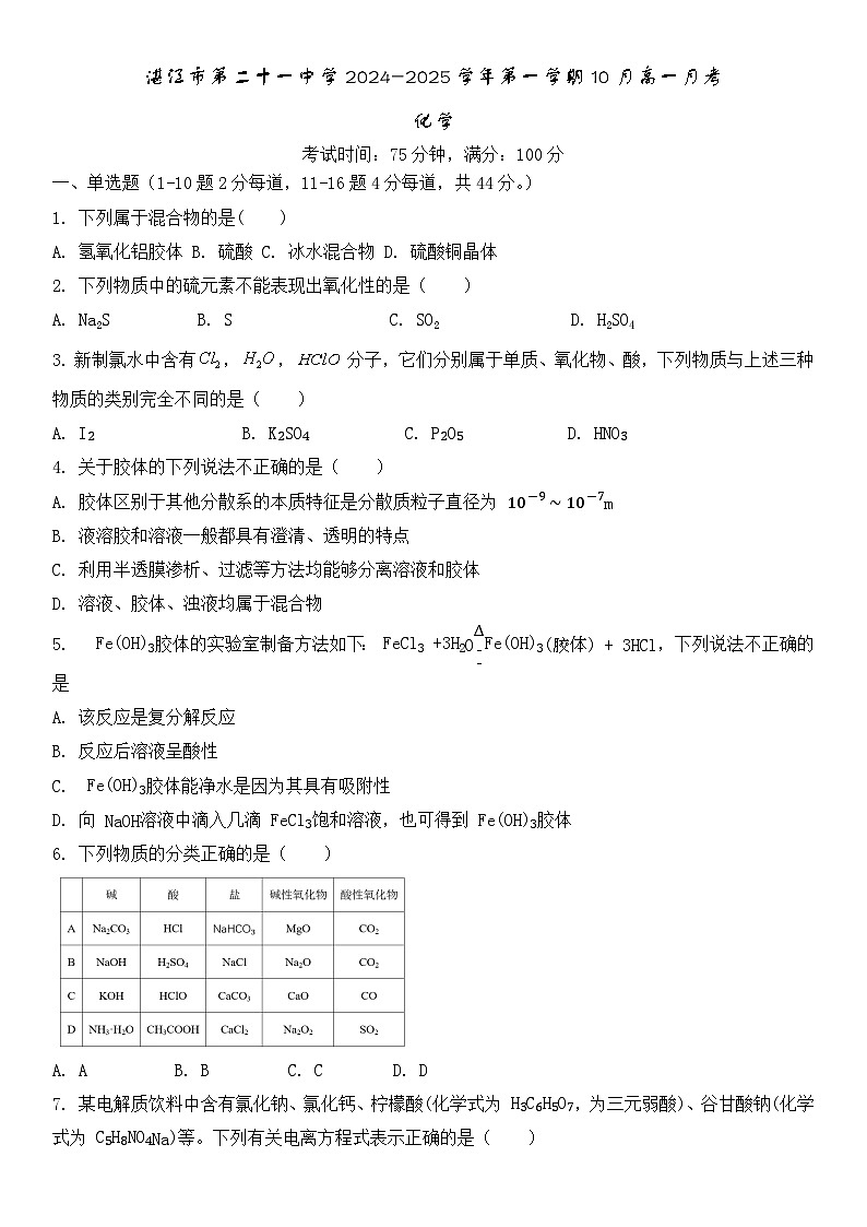 广东省湛江市第二十一中学2024-2025学年高一10月月考化学试题第1页