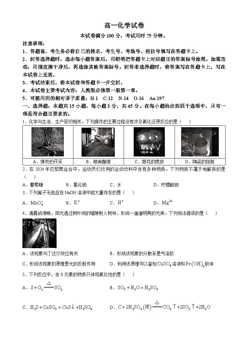 辽宁省普通高中2024-2025学年高一上学期10月月考 化学试题第1页