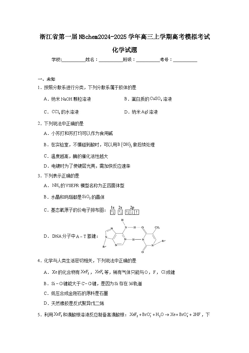 浙江省第一届NBchem2024-2025学年高三上学期高考模拟考试化学试题第1页