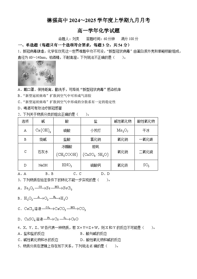 黑龙江省哈尔滨德强高级中学2024-2025学年高一上学期9月月考 化学试卷(无答案)01