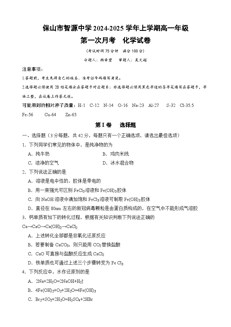 云南省保山市智源高级中学2024-2025学年高一上学期10月月考化学试卷第1页