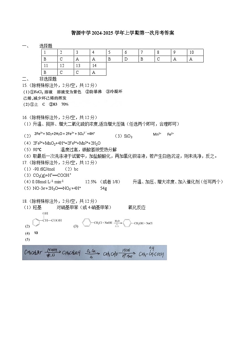 云南省保山市智源高级中学2024-2025学年高二上学期10月月考化学答案第1页