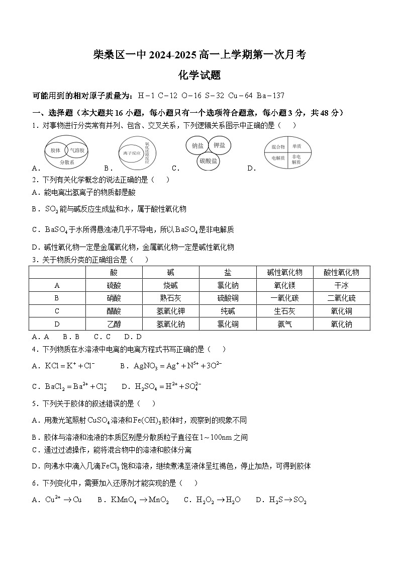 江西省九江市柴桑区第一中学2024-2025学年高一上学期第一次月考 化学试题第1页