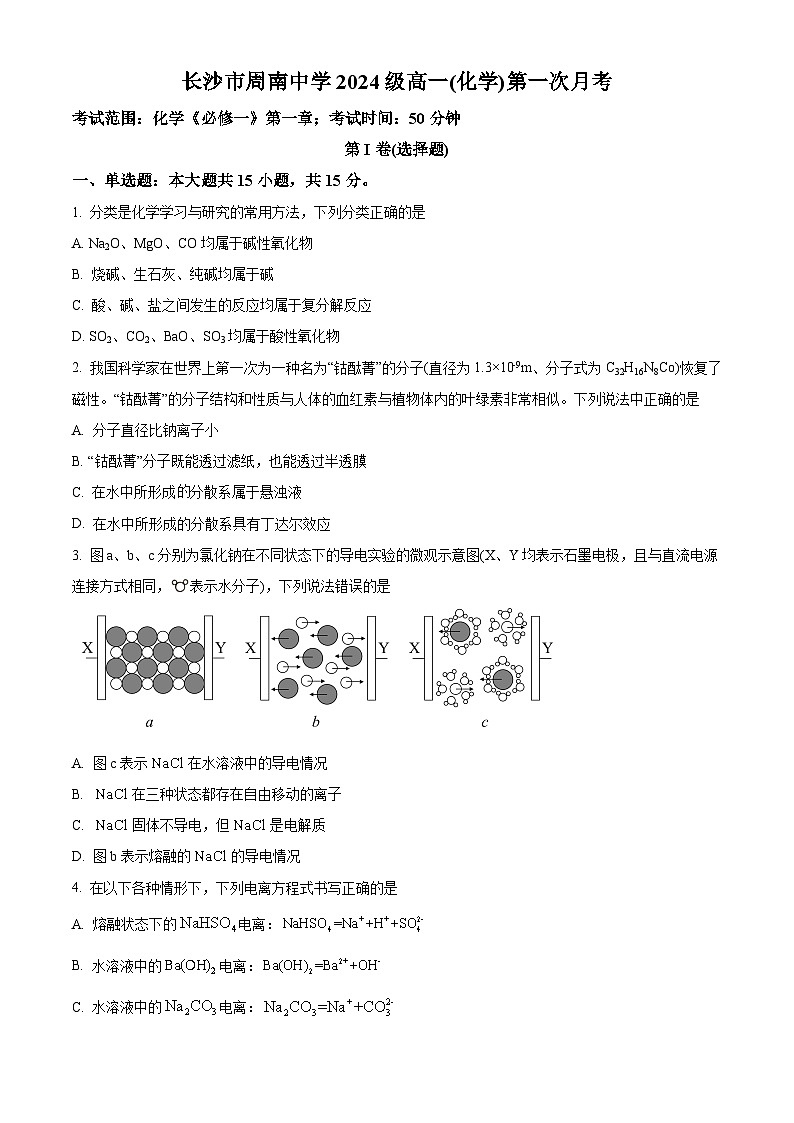 湖南省长沙市周南中学2024-2025学年高一上学期10月月考 化学试题 Word版无答案第1页