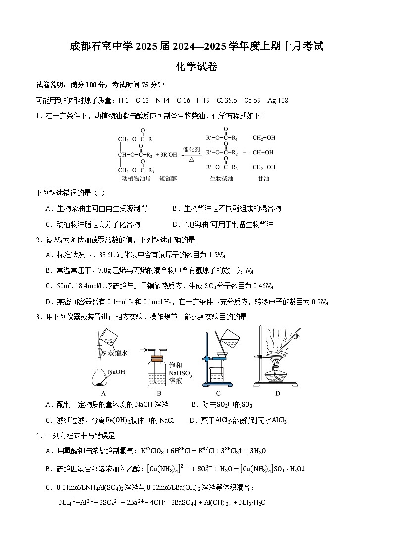 四川省成都市石室中学2024-2025学年高三上学期10月月考化学试题（Word版附答案）01