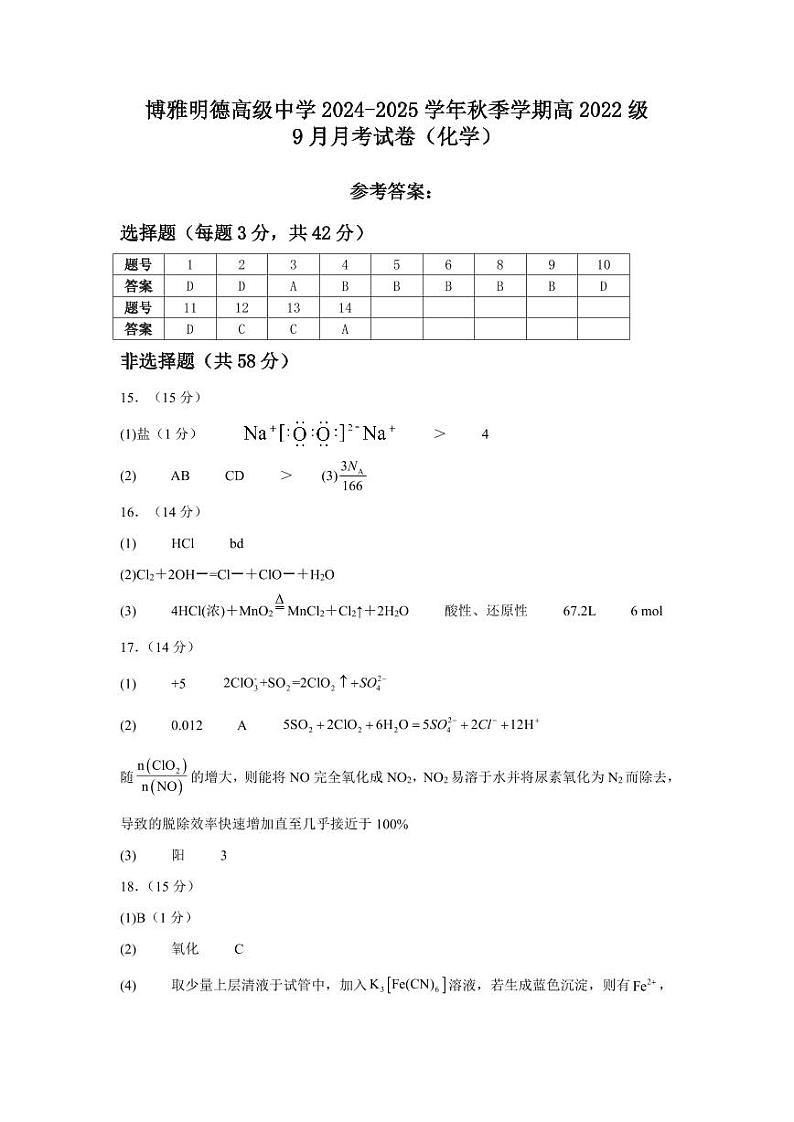 高2022级9月月考试卷化学参考答案第1页