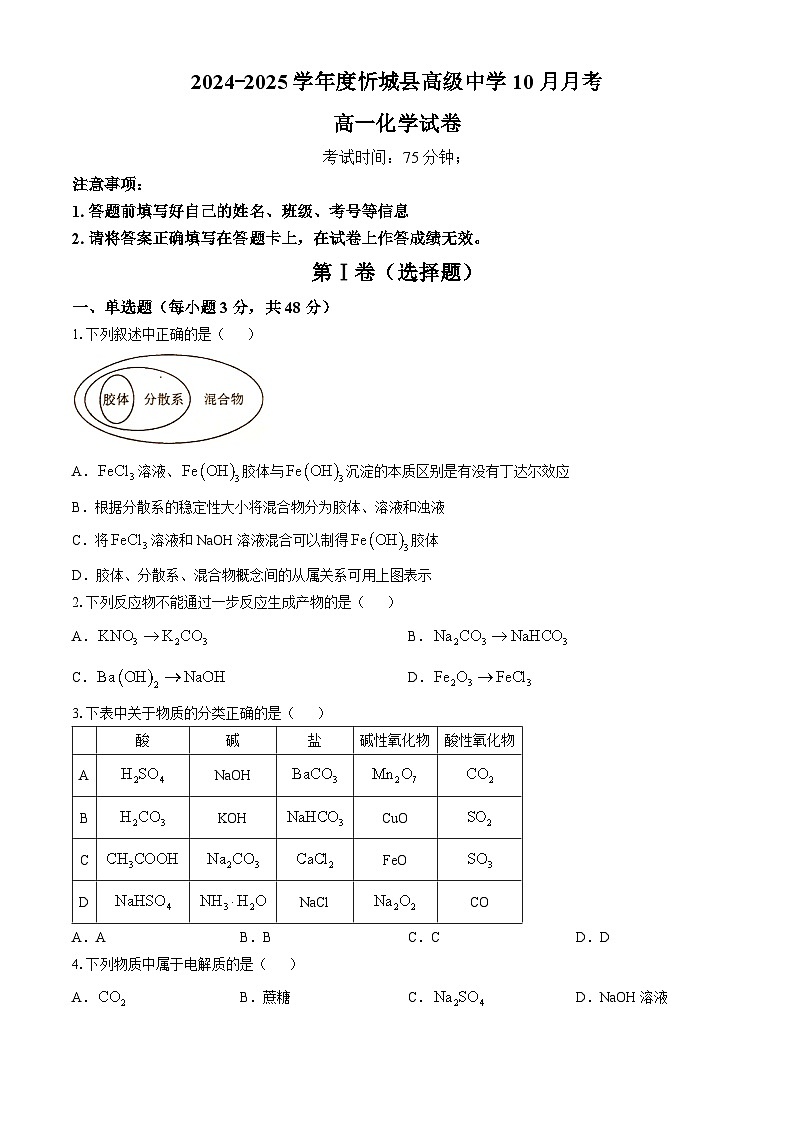 广西来宾市忻城县高级中学2024-2025学年高一上学期10月月考 化学试题(无答案)第1页