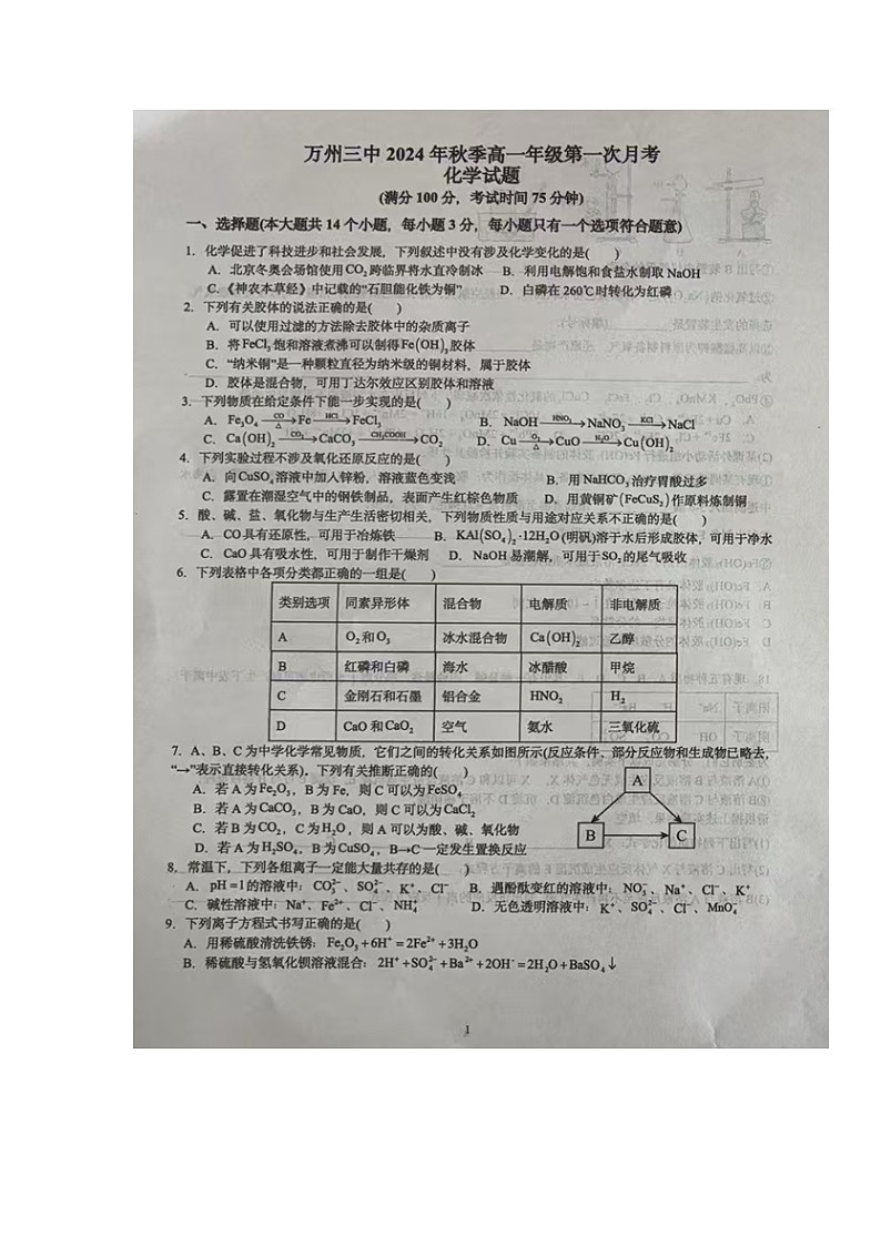 重庆市万州第三中学2024-2025学年高一上学期第一次月考  化学试题第1页