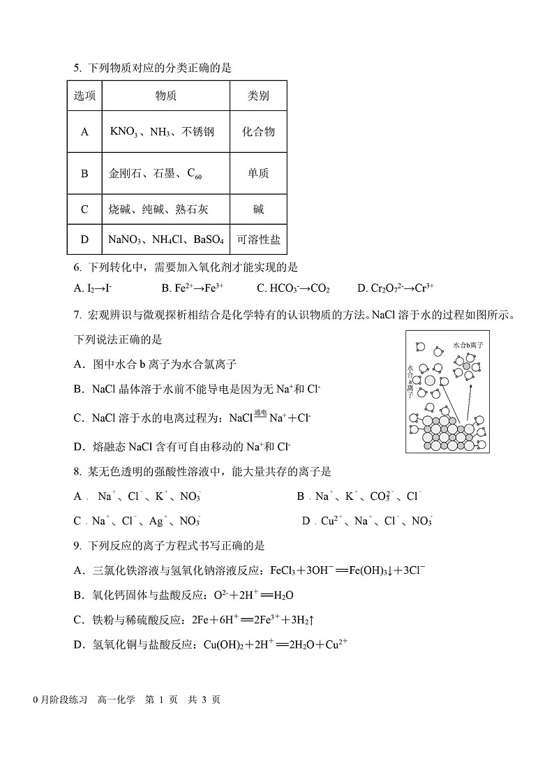 [化学]2024北京一零一高一上学期10月月考试卷及答案第2页
