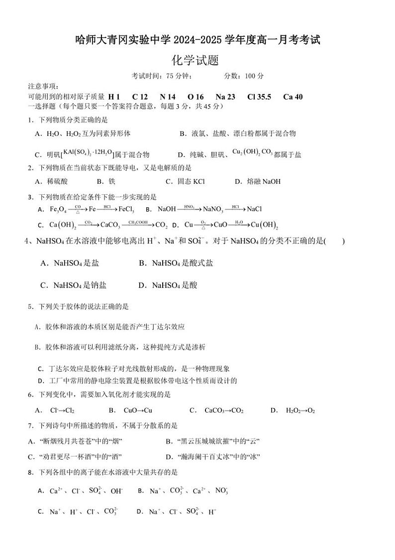 [化学]黑龙江省绥化市哈尔滨师范大学青冈实验中学校2024～2025学年高一上学期10月月考试题(有答案)01