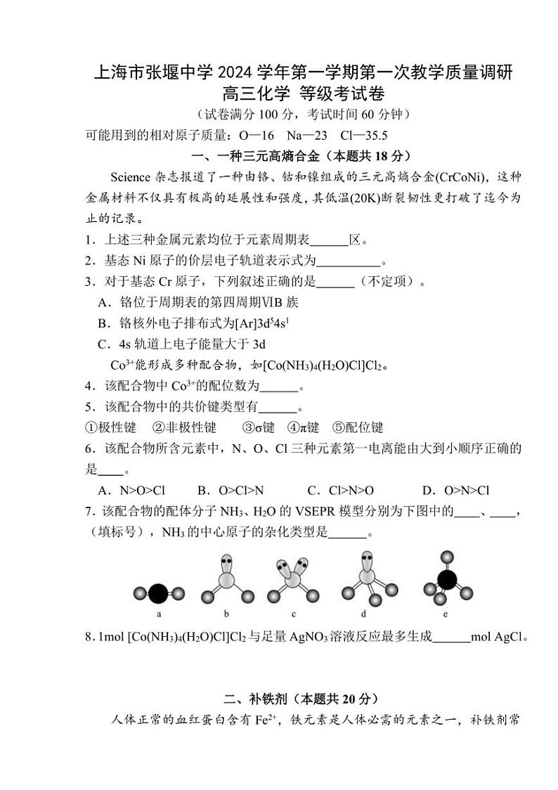[化学]上海市张堰中学2024～2025学年高三上学期第一次质量调研月考(等级考)试卷(有答案)第1页