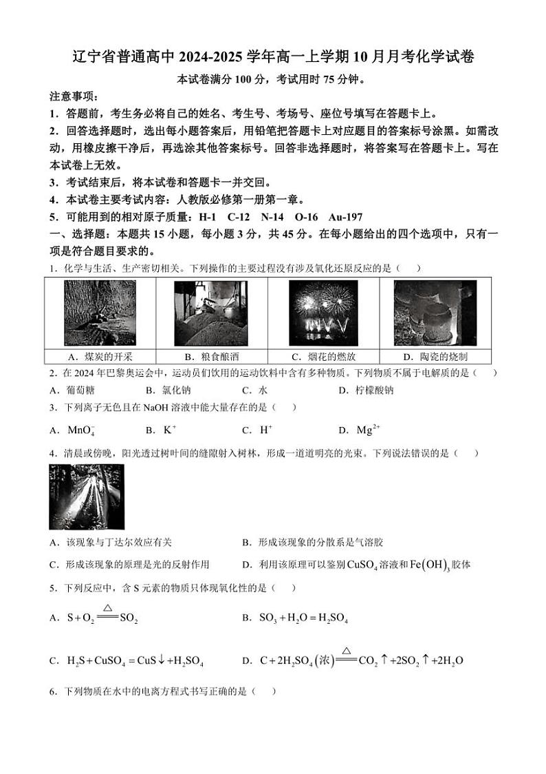 [化学]辽宁省普通高中2024～2025学年高一上学期10月月考试题(有解析)01