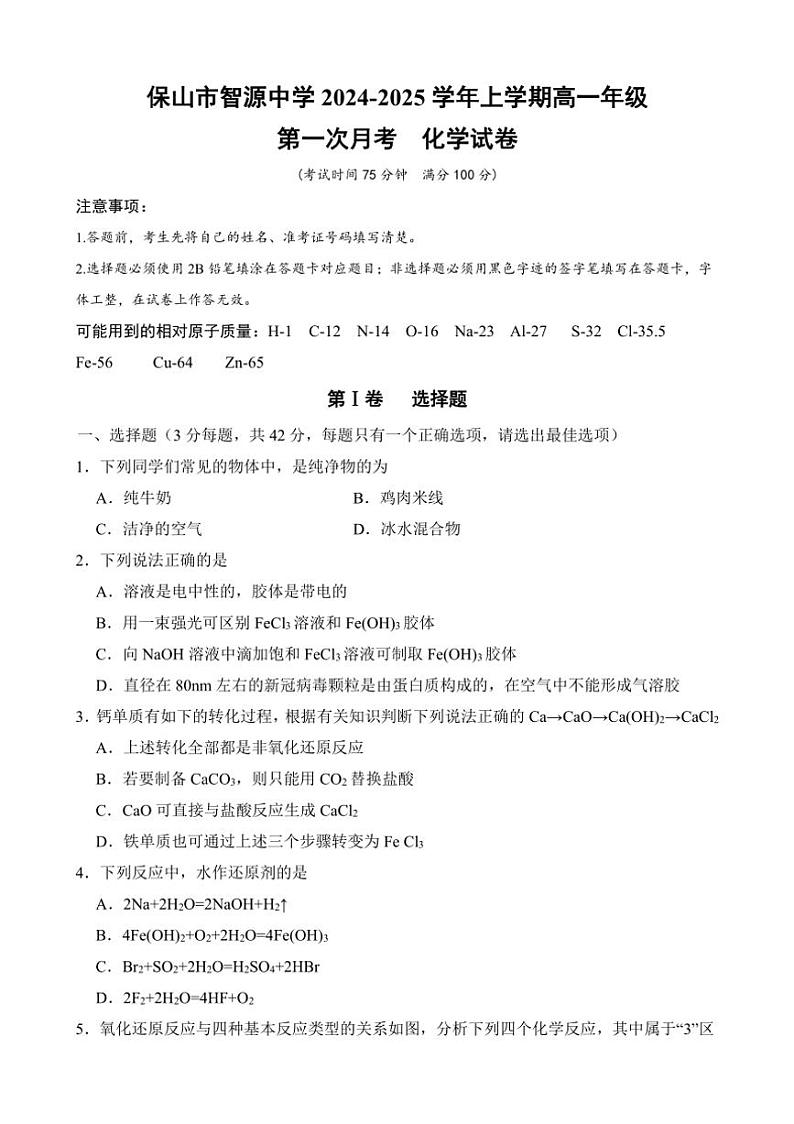[化学]云南省保山市智源高级中学2024～2025学年高一上学期10月第一次月考试题(有答案)01