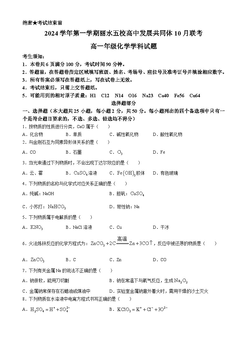 浙江省丽水市五校高中发展共同体2024-2025学年高一上学期10月联考化学试题（Word版附答案）第1页