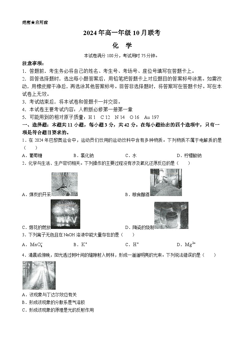 河北省部分高中2024-2025学年高一上学期10月联考化学试题(无答案)第1页