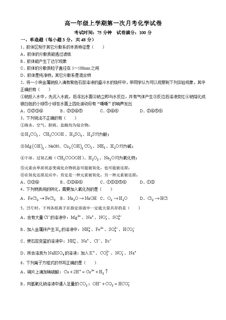黑龙江省齐齐哈尔市朝鲜族学校2024-2025学年高一上学期10月月考 化学试题(无答案)第1页
