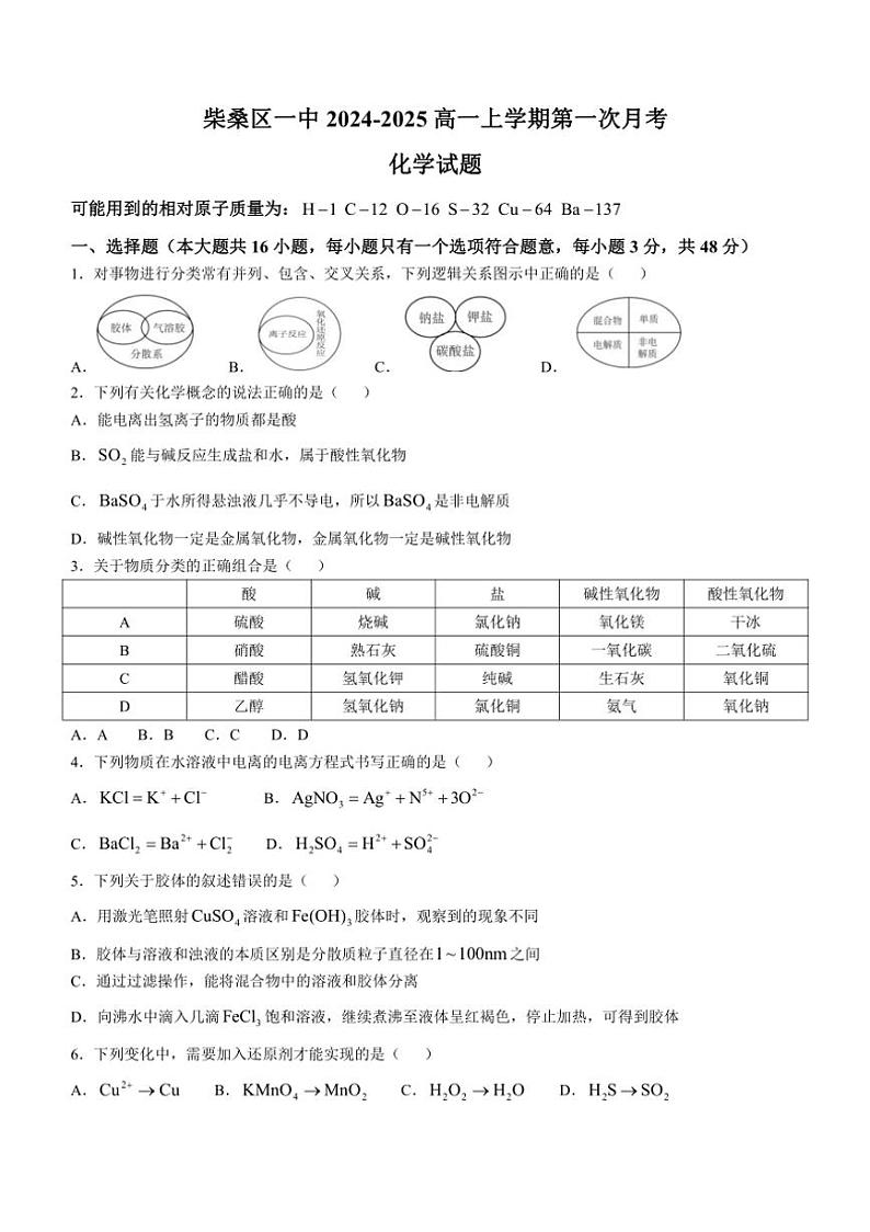 [化学]江西省九江市柴桑区第一中学2024～2025学年高一上学期第一次月考试题(有答案)第1页