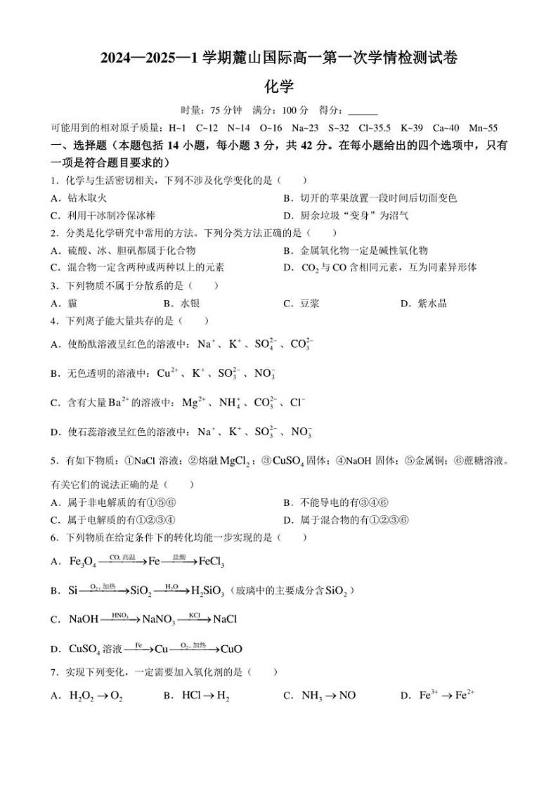 [化学]湖南省长沙市麓山国际实验学校2024～2025学年高一上学期第一次月考试卷(有答案)第1页