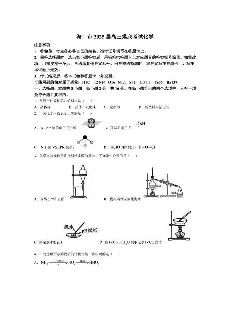 [化学]海南省海口市2025届高三上学期开学摸底考试试题(有答案)第1页